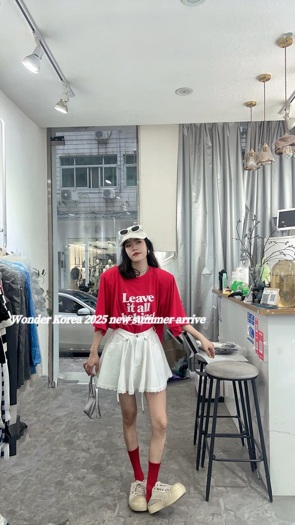 短袖斜领学院风常规印花短款T恤仙女风速干宽松型极简风夏季红色