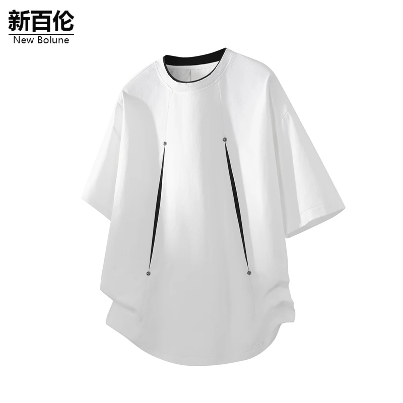 新百伦/NEW BOLUNE夏季薄款短袖T恤男圆领美式高街痞帅拼接体恤衫