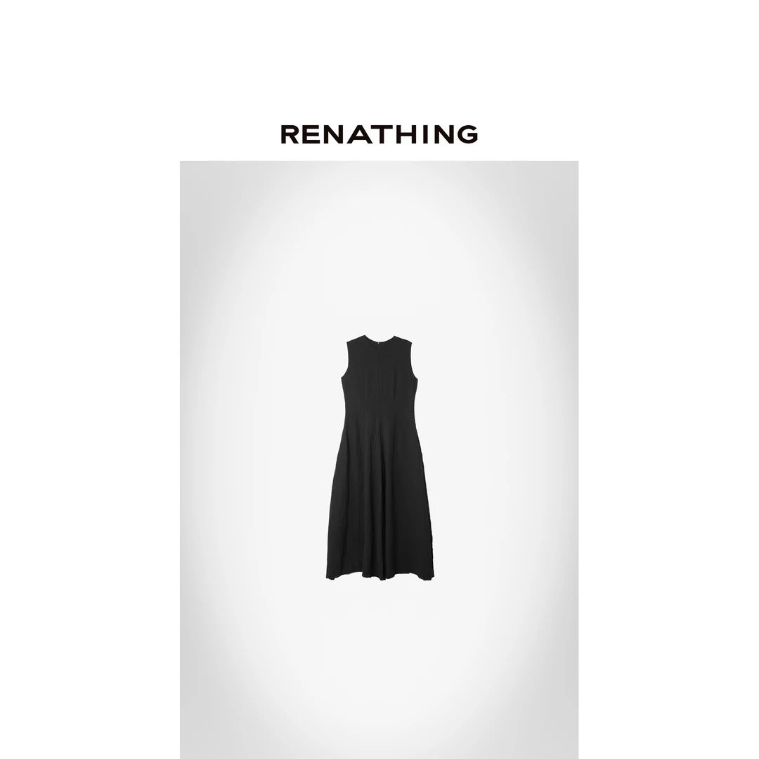 【RENATHING】V领收腰廓形休闲无袖长款连衣裙