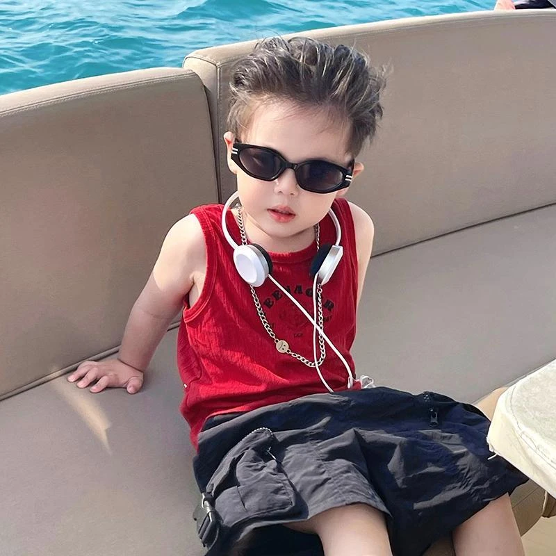 【港风潮童】夏季新款复古酒红色男童背心无袖上衣百搭裤子两件套