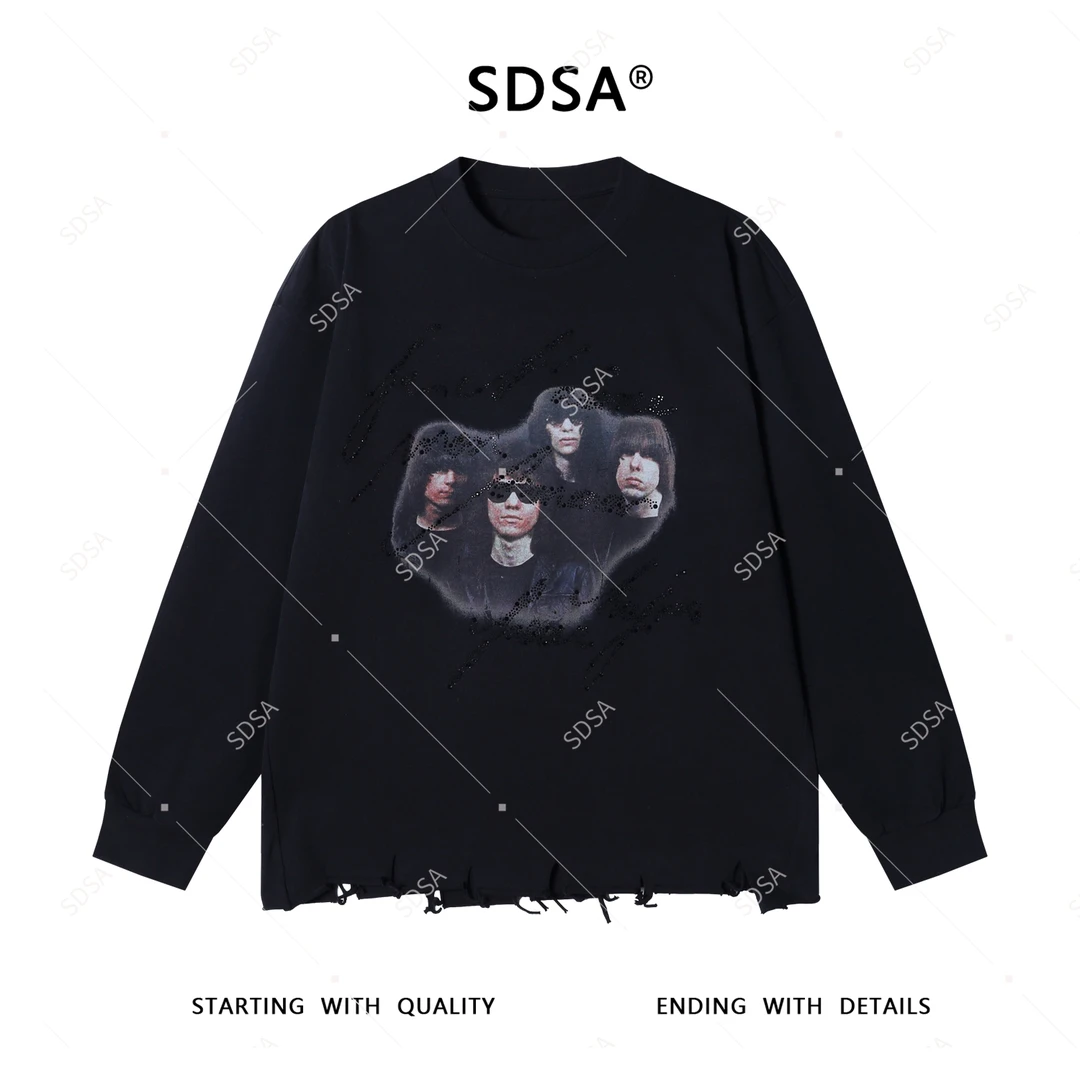 SDSA男士2025新款轻奢痞帅男装人像印花烫钻圆领卫衣破烂设计复古