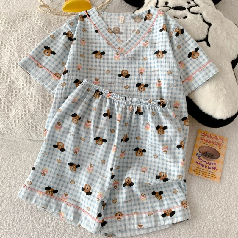 小狗蓝格云朵棉睡衣春夏秋季女爆款2025新款家居服套装V领短袖裤