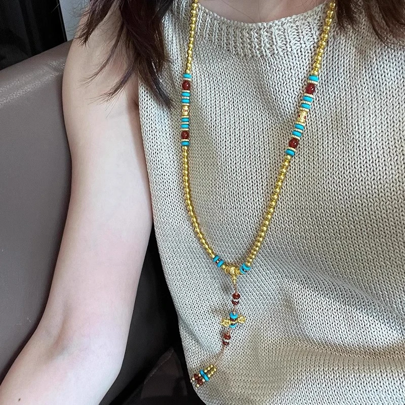 铜合金项链 复古黄金色降魔杵项链女配饰新中式国潮108颗多用项链