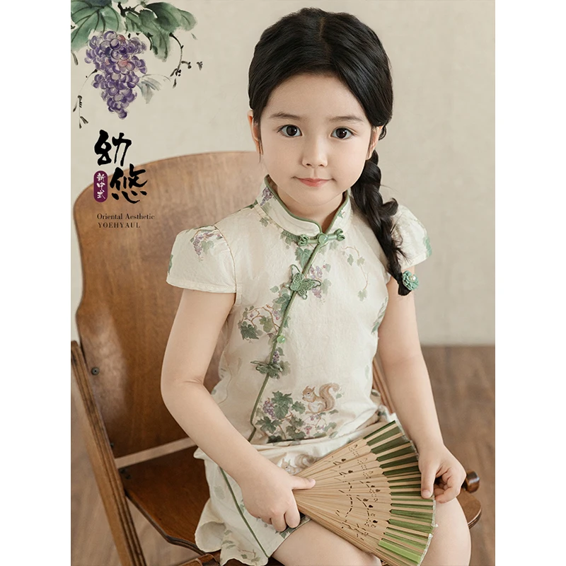 幼悠女童碎花满印国风旗袍夏季甜美可爱儿童盘扣A字连衣裙潮X5233