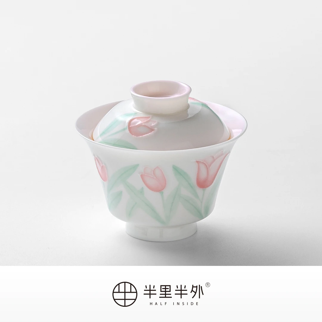 「郁金香」90ML手绘马蹄盖碗不烫手泡茶碗陶瓷功夫茶具女士礼盒
