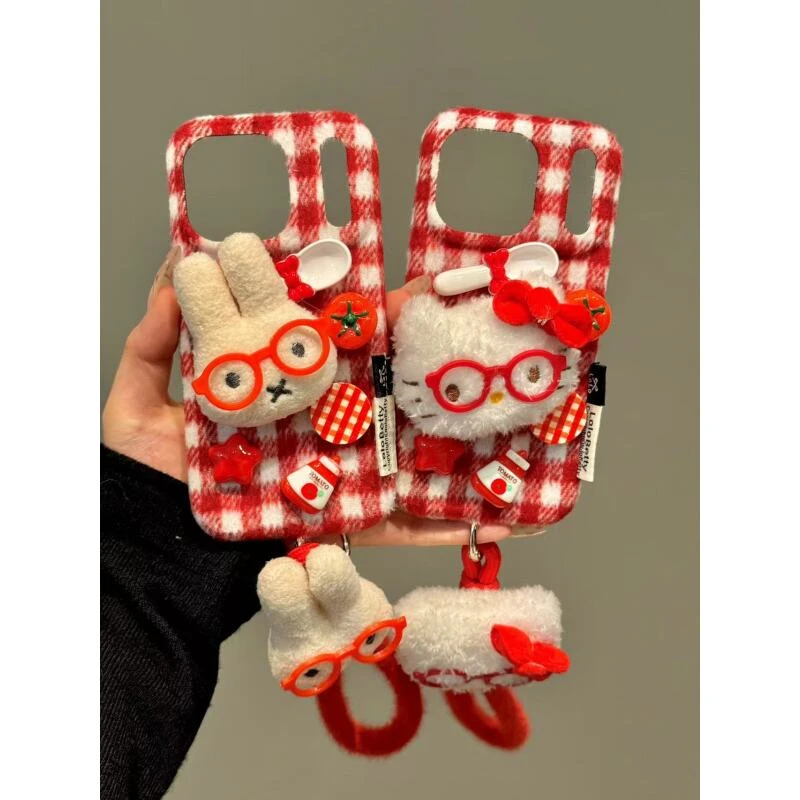 卡通红白格绒布红眼镜米菲兔猫咪适用iphone17promax苹果16手机壳