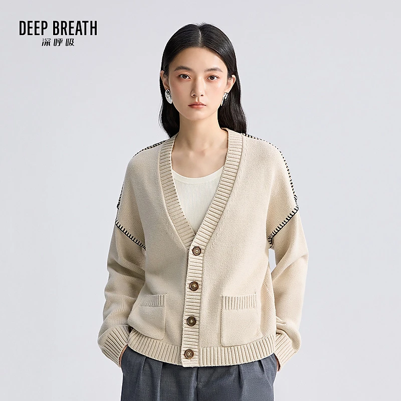 DEEP BREATH深呼吸V领造型一字贝壳绣口袋宽松针织开衫A401419