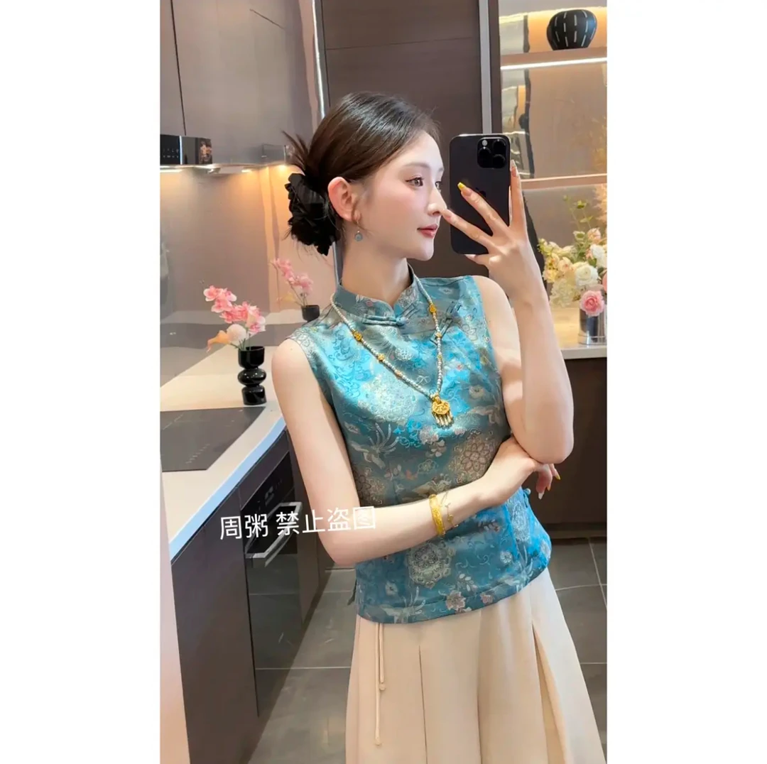 周粥铭顺-【蓝雀】2025新款重工缎面提花斜襟直筒上衣JJX5SY3724