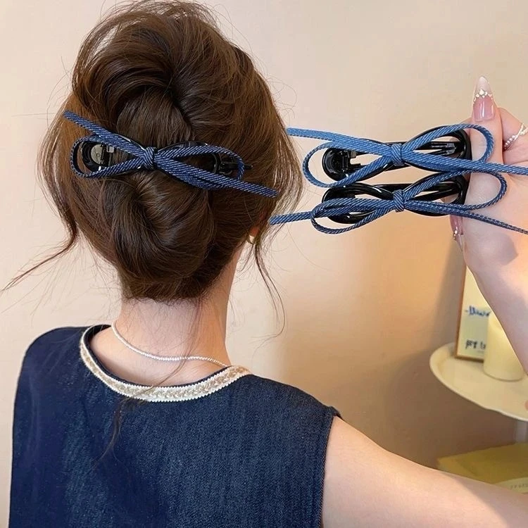 复古牛仔蝴蝶结扭扭夹女高级感2025新款一字抓夹后脑勺盘发夹发饰