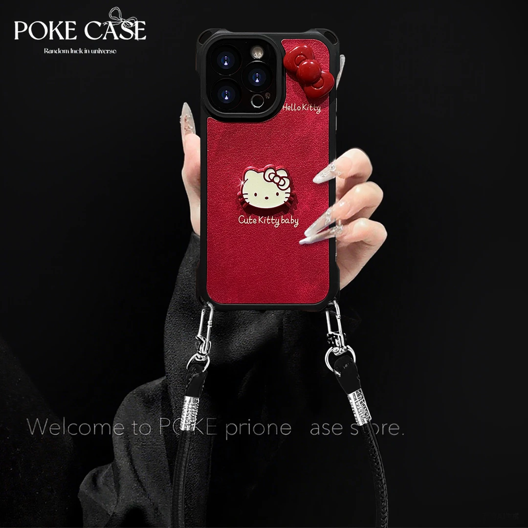 四角挂绳红色立体KT适用华为红米苹果vivo小米oppo手绳壳