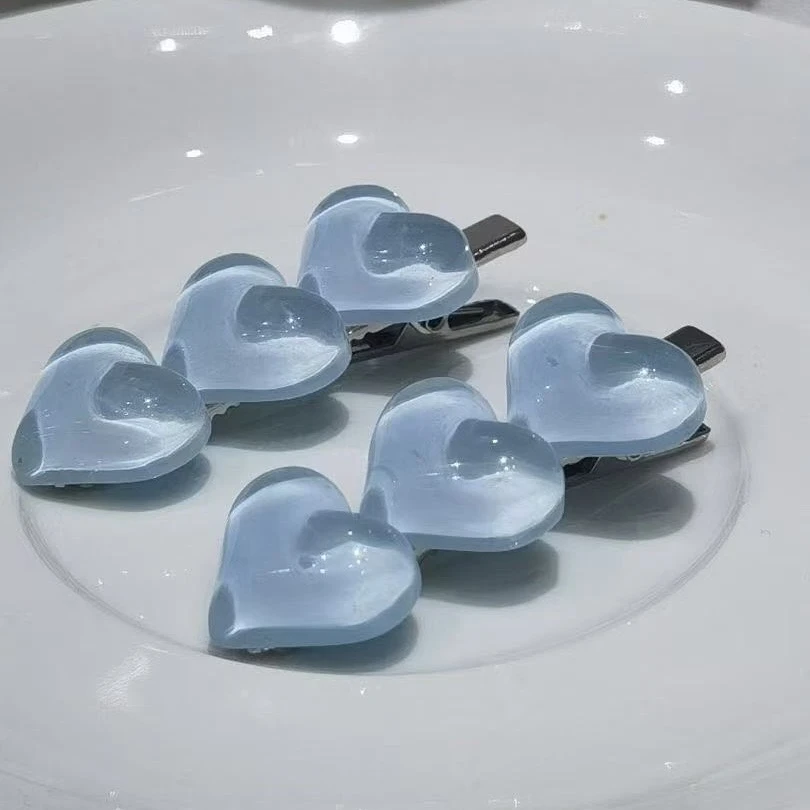 韩国东大门水光感透明水蓝爱心侧边夹