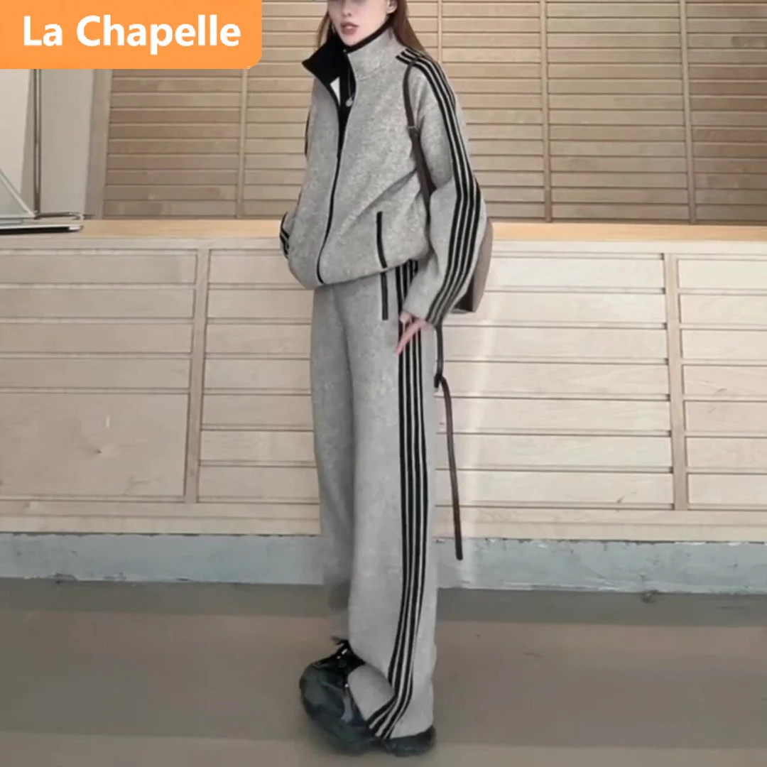 拉夏贝尔欧货休闲时尚套装女春秋冬松弛减龄立领拉链卫衣两件套