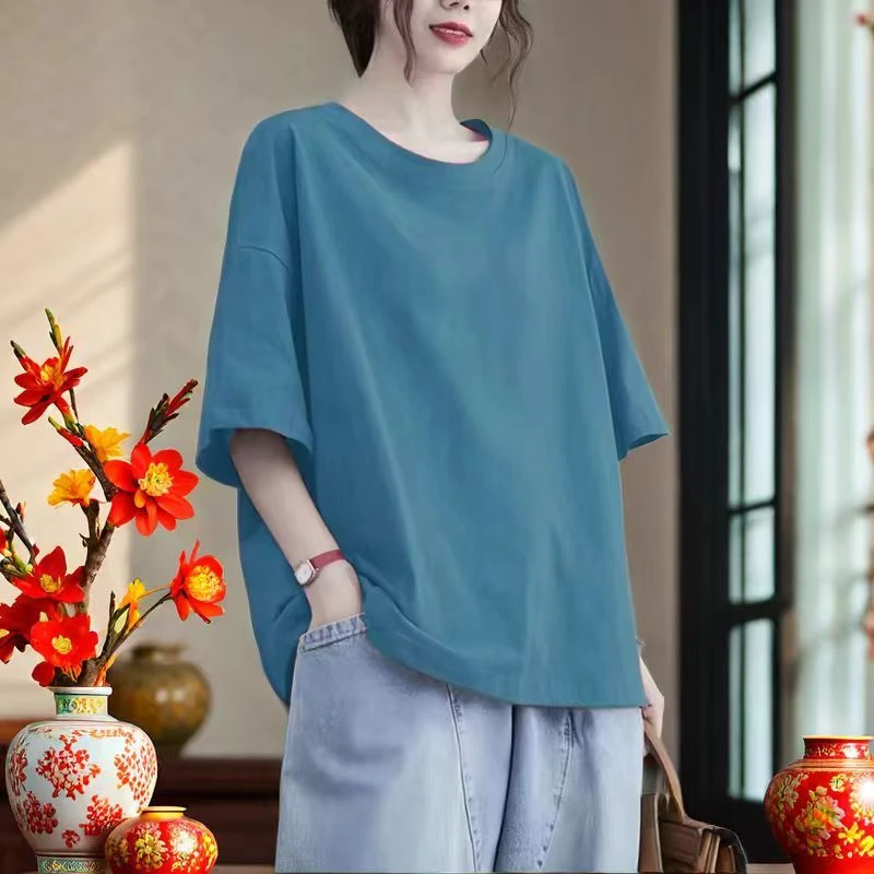 200斤大码女装纯棉半袖遮肉T简约恤女夏季宽松纯色休闲短袖t恤女