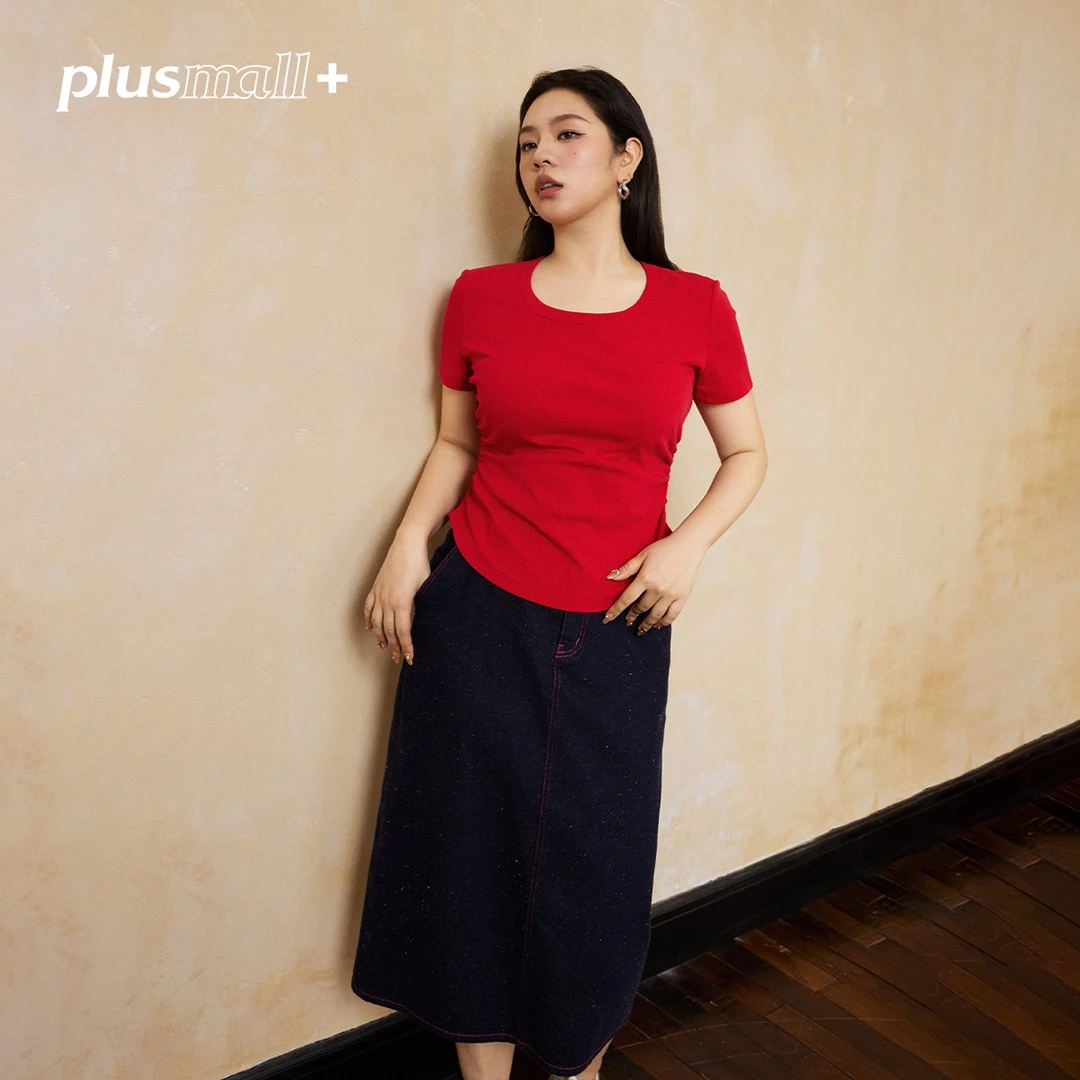 PLUSMALL Kendall瘦瘦Tee 大圆领显瘦柔软休闲抽褶上衣PM2501090