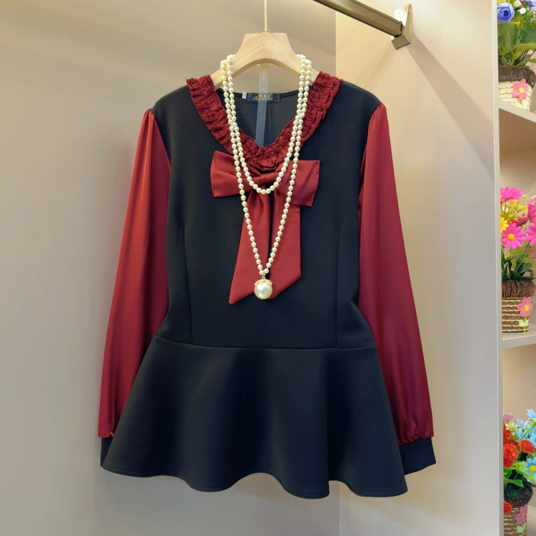 法式假两件拼接气质欧货小衫衣长65左右显瘦百搭