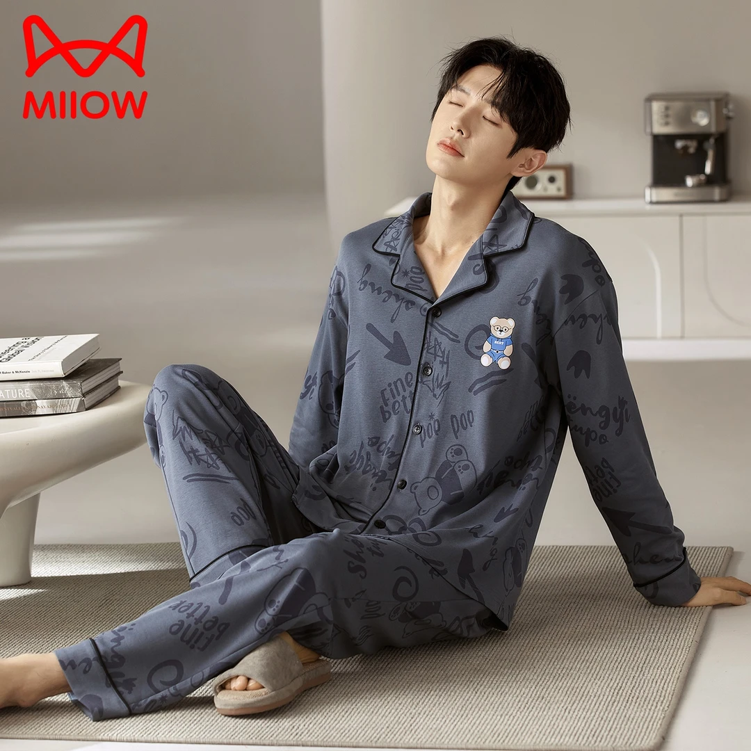 猫人纯棉睡衣男士秋季长袖套装开衫卡通青少年大码可外穿家居服