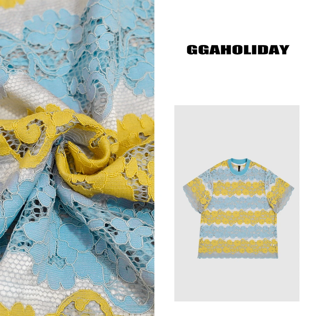 GGAHOLIDAY夏季时尚休闲复古百搭宽松撞色条纹蕾丝短袖T恤-152120