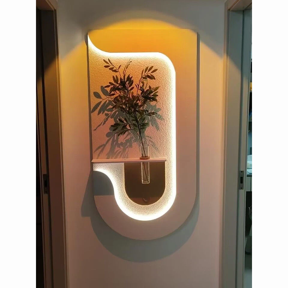 奶油风客厅装饰画创意水培绿植灯光画高档玄关挂画入户正对门壁画