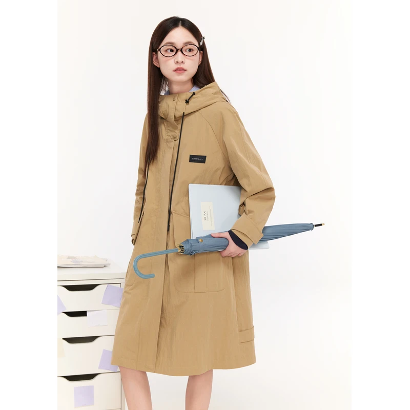 紫涵工装风中长款连帽风衣女大口袋宽松休闲过膝外套Z4Z08JS740