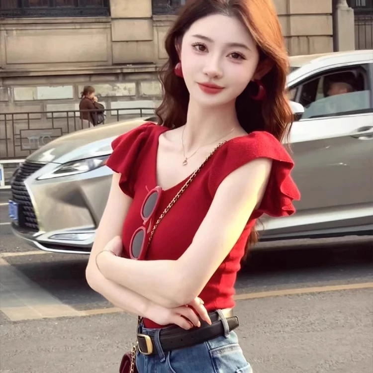 红色V领短袖针织衫正肩T恤女夏季修身显瘦纯欲辣妹小飞袖短款上衣