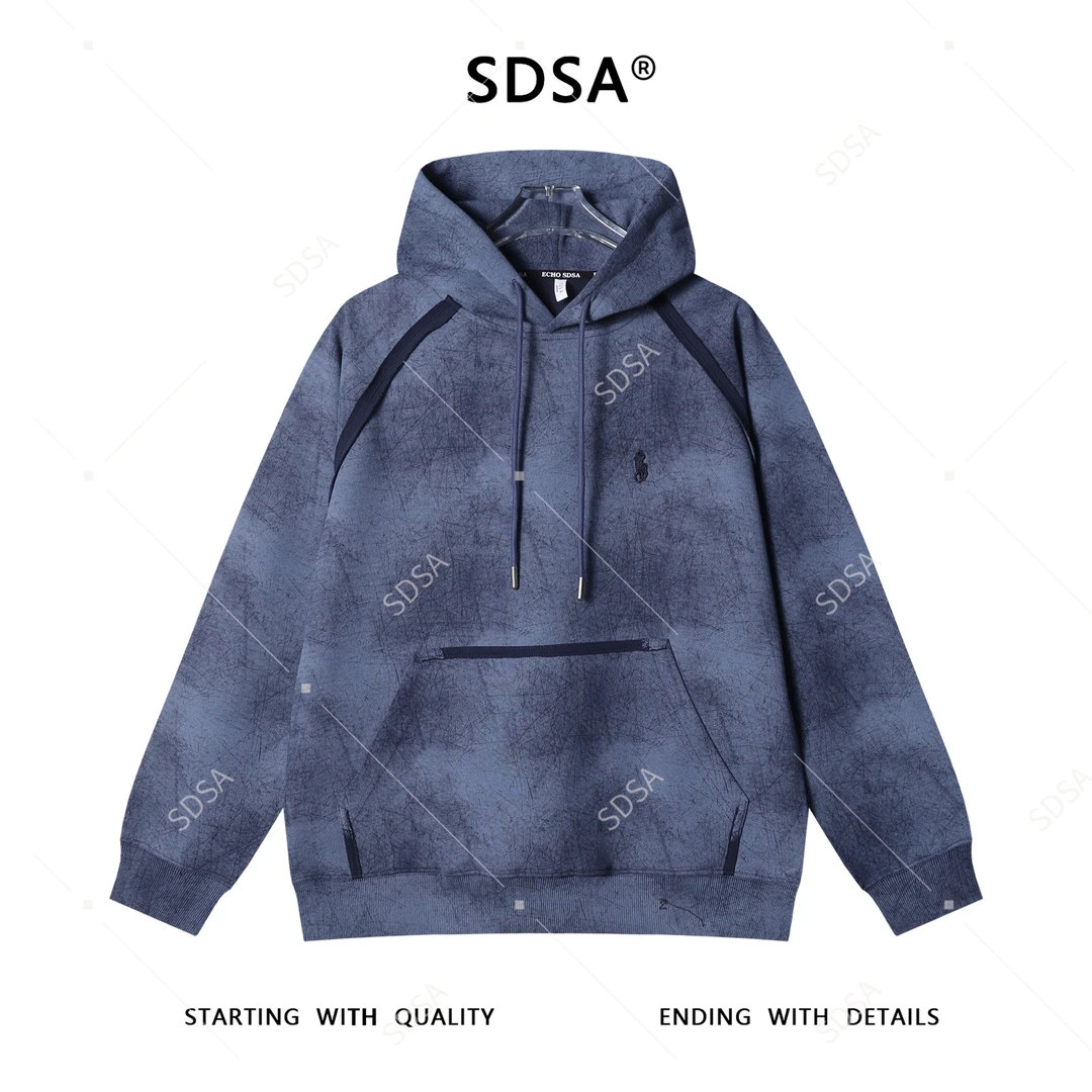 SDSA秋冬新款痞帅男装潮牌扎染织带刺绣标抽绳连帽卫衣百搭时尚