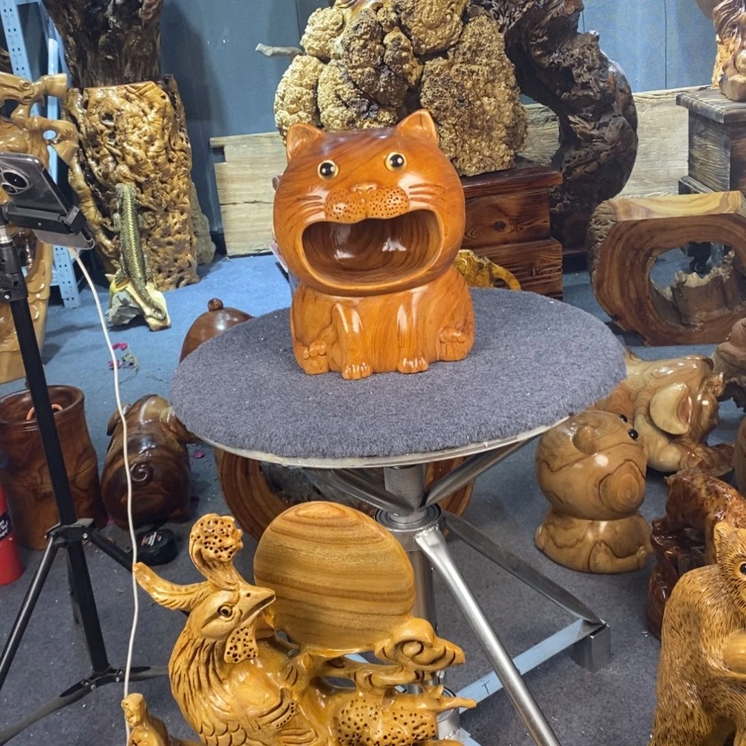 心***魔木木雕摆件摆件香樟木大嘴猫