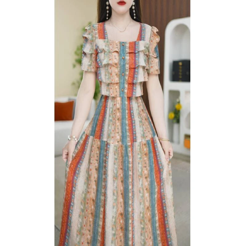 【连衣裙】夏季新款方领花色气质减龄收腰连衣裙M-4XL