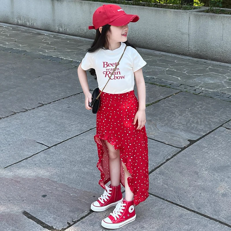 【安安家】韩版女童字母印花短袖夏季不规则波点半身裙两件套R25394