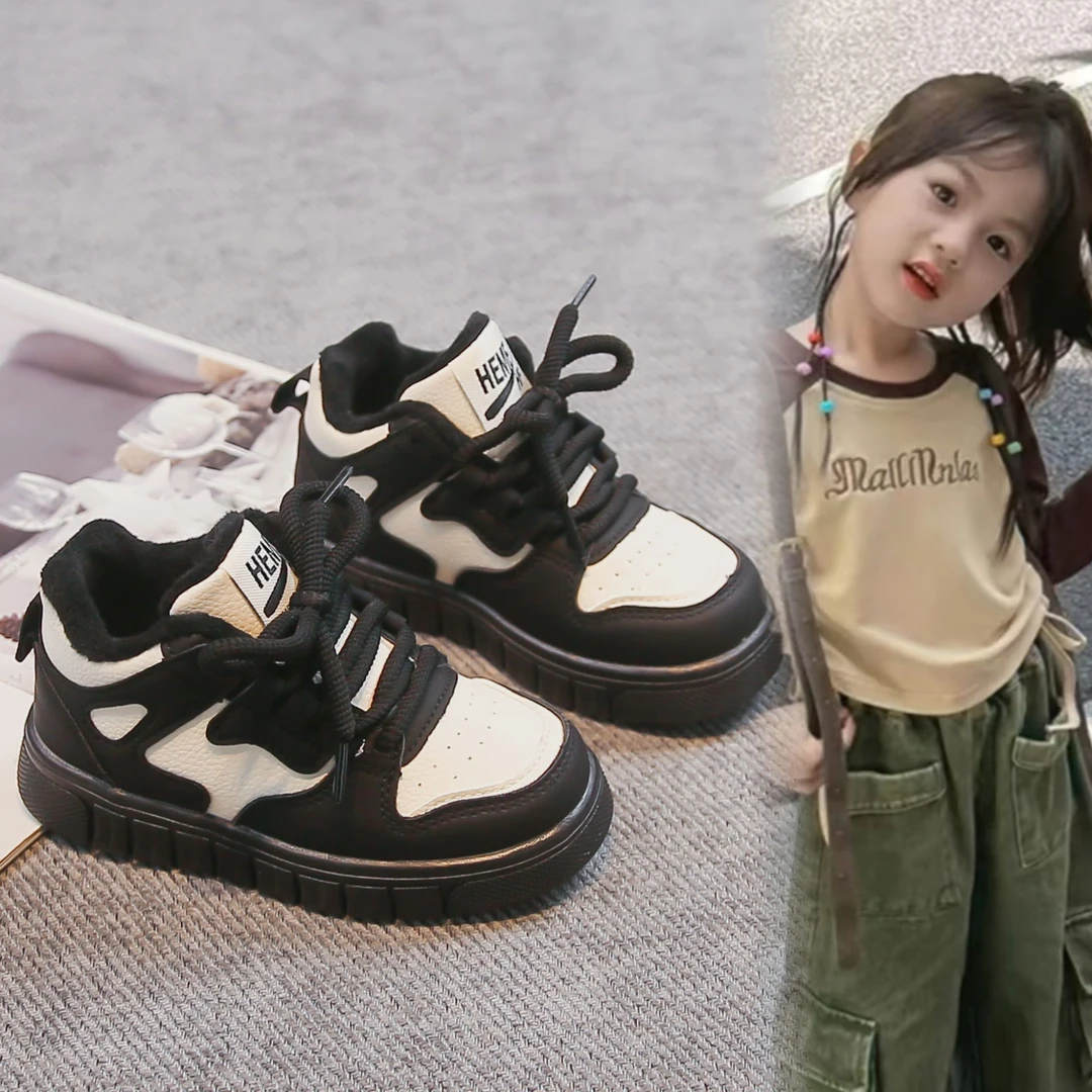 女童加绒二棉鞋冬季2025新款百搭系带女孩运动板鞋软底高帮儿童鞋