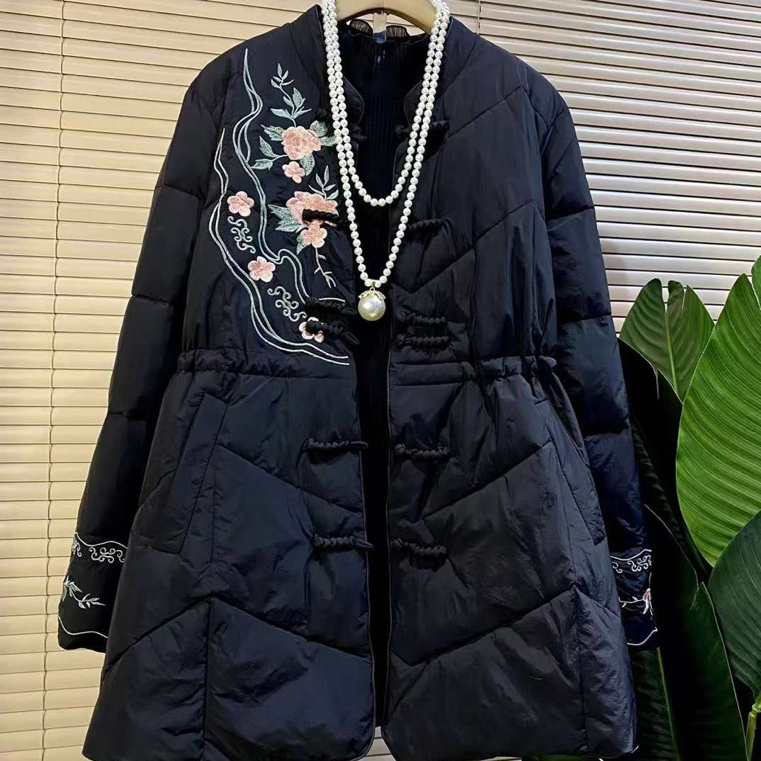 P时尚新中式复古盘扣重工刺绣抽绳显瘦棉服外套