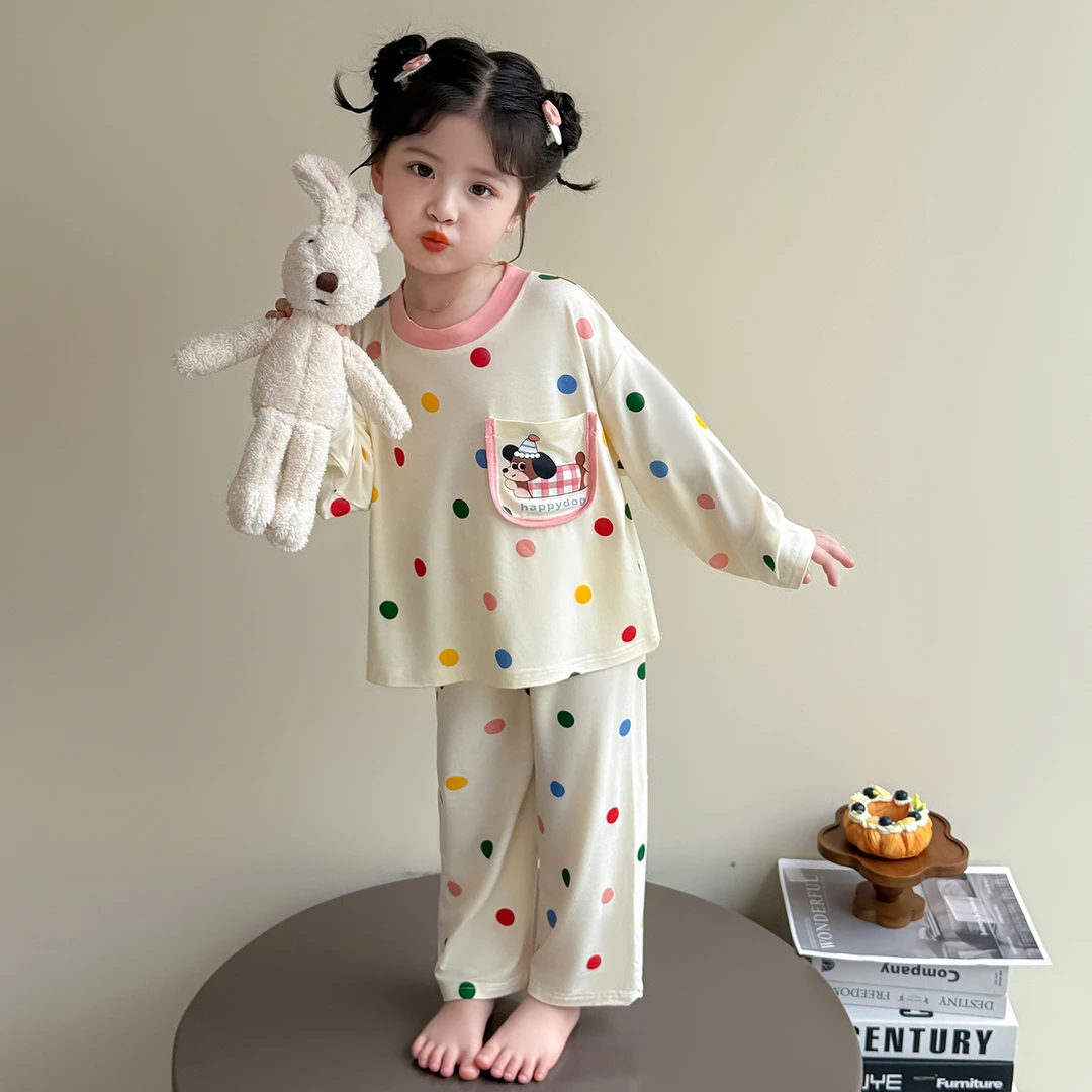 儿童睡衣女小童春秋款长袖长裤女宝宝卡通波点家居服套装2025新款