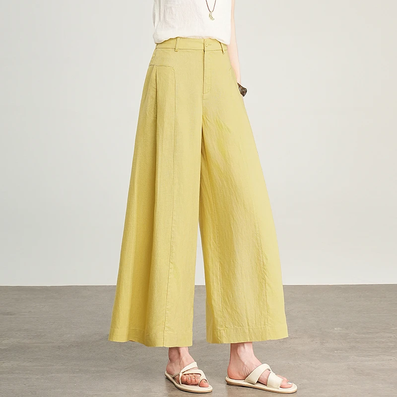 黄色法式休闲裙裤女2025夏季薄款九分高腰显瘦宽松麻料垂感阔腿裤