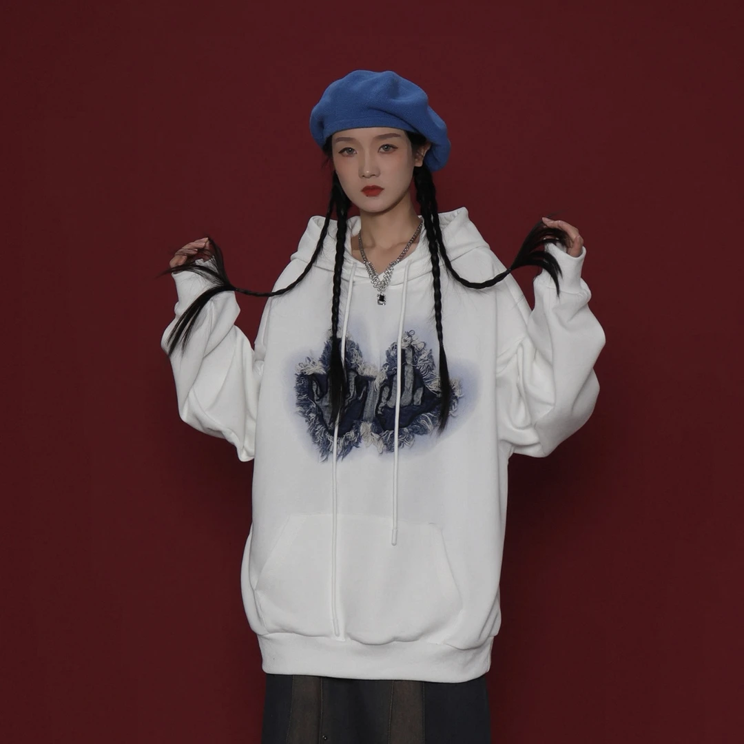 秋季学院风立体牛仔毛边刺绣连帽卫衣男女同款宽松情侣上衣-416F