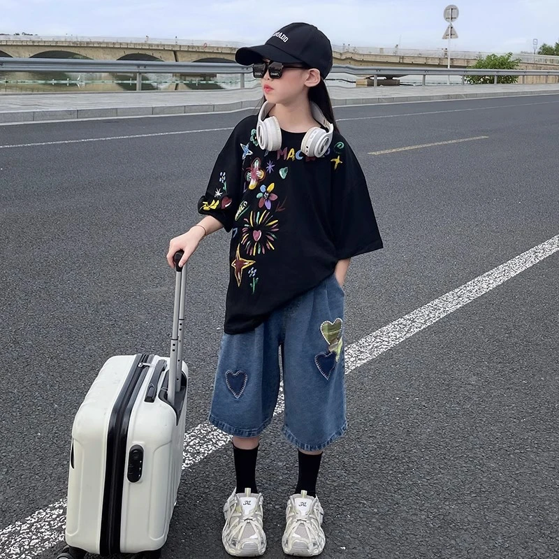 女童短袖t恤牛仔中裤2025新款儿童洋气时髦半袖上衣中大童女孩夏