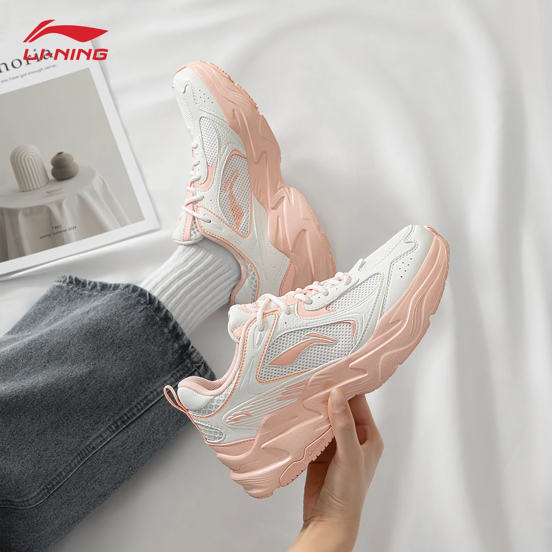 李宁老爹鞋女款鞋2025春季轻便运动鞋粉色时尚百搭厚底增高休闲鞋