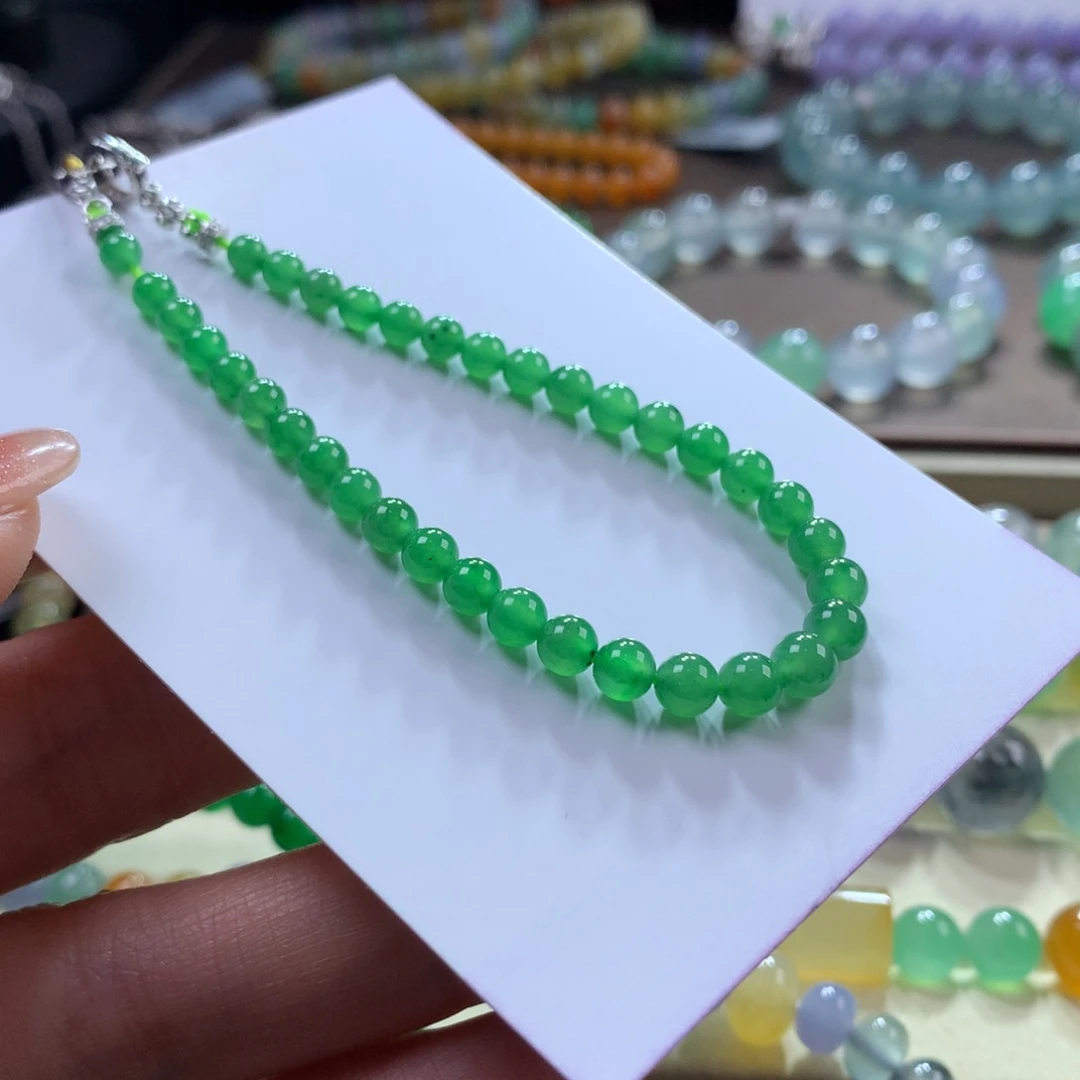 翡翠手链未镶嵌冰绿满色卡3.7-5