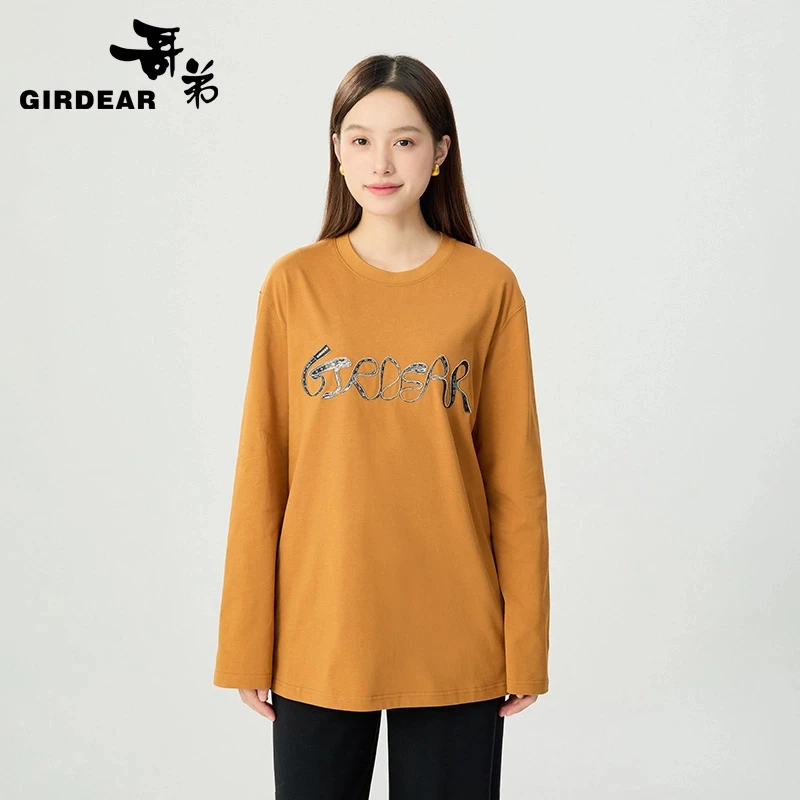 GIRDEAR/哥弟春季新款宽松休闲百搭通勤圆领长袖套头T恤女1300866