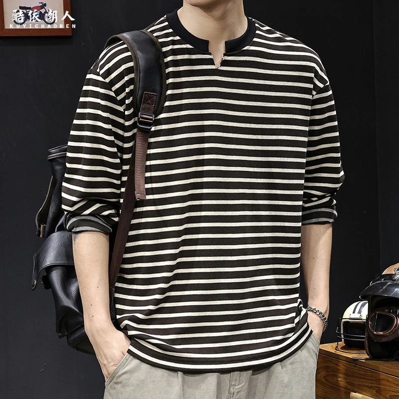秋季2025新款长袖t恤男士V领美式潮牌大码条纹内搭打底衫春秋潮牌