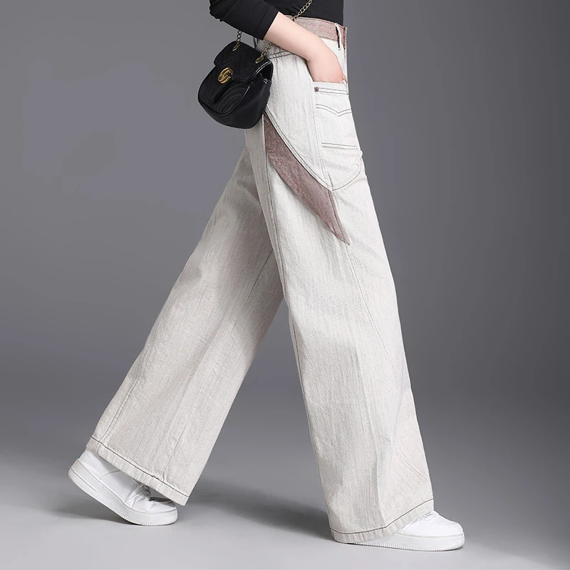 2025春秋新款牛仔裤女显瘦浅色阔腿弯刀香蕉高腰宽松设计裤子长裤