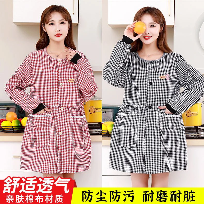 时尚正穿棉布罩衣厨房做饭家用长袖透气 围裙韩版洋气上班工作服