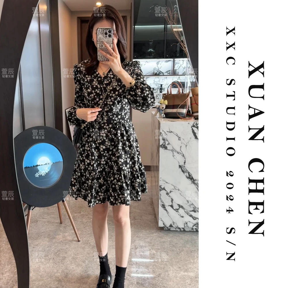 【山茶之恋】春秋长袖碎花辣妈裙法式时尚轻奢气质女装连衣裙#3328