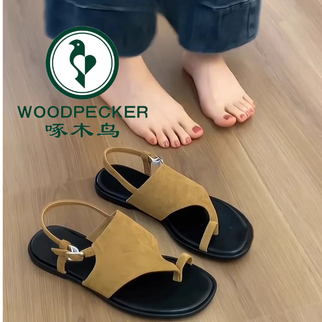 啄木鸟软皮复古平底套趾罗马凉鞋女2025年新款夏季沙滩度假风凉拖