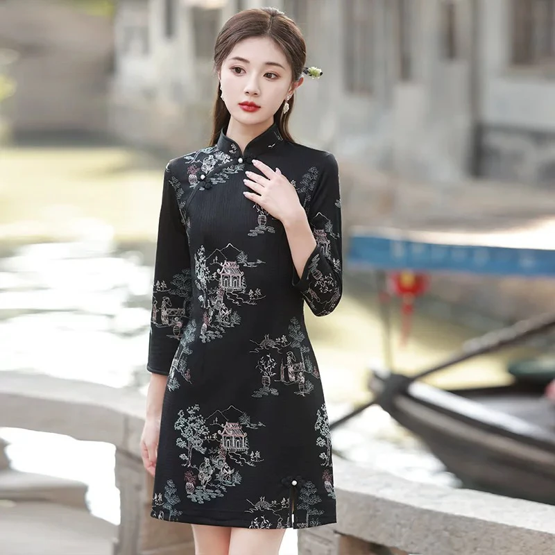 【2918 山水楼阁 绣花】显瘦气质修身优雅复古中国风旗袍