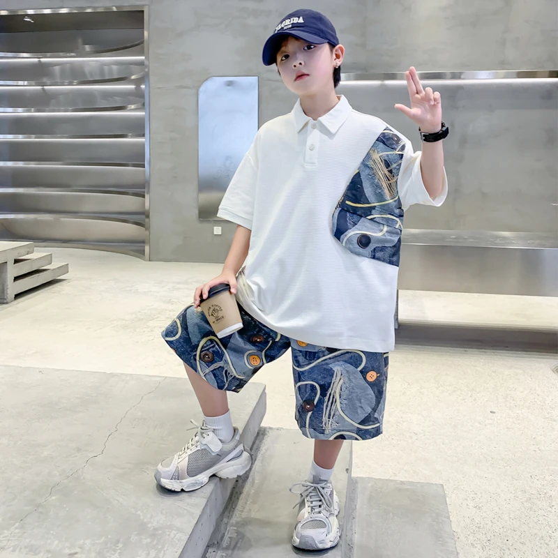 男童夏装套装中大童短袖polo衫2025新款儿童大童夏季痞帅两件套潮