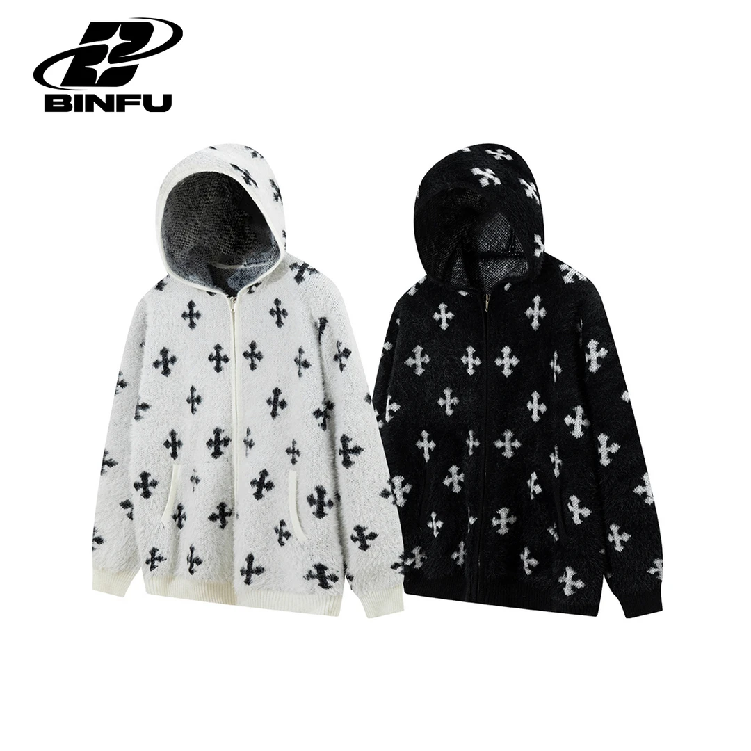 BINFU 国潮秋装男女情侣装宽松软糯十字架连帽针织毛衣外套开衫