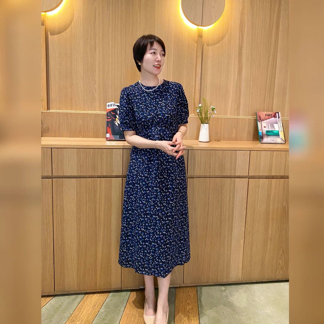 【YAN】法式复古圆领小碎花泡泡袖桑蚕丝连衣裙 # QBSH806-C2014