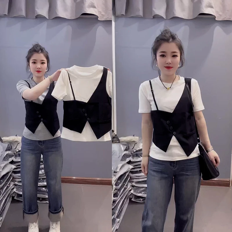 欧洲站春夏新款拼接假两件短袖T恤女时尚洋气显瘦休闲圆领上衣ins