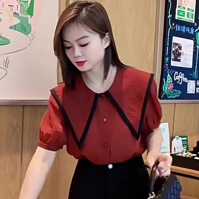 时尚减龄娃娃领衬衫女士夏季新款别致泡泡袖拼色衬衣休闲洋气上衣