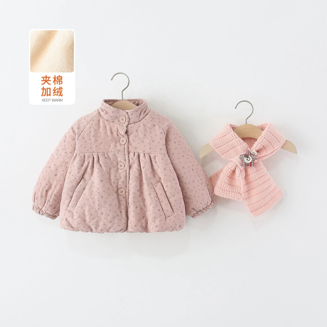 童装女童棉服冬季加厚加绒儿童碎花围巾棉袄婴儿宝宝冬装棉衣外套