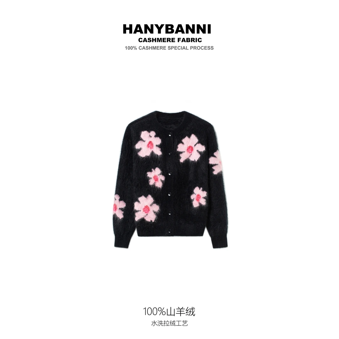 【桃花朵朵】100山羊绒拉绒 冬季韩系轻奢风小花女士羊绒毛衣SYR737